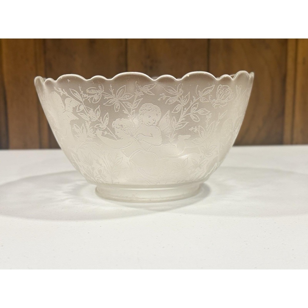 VTG Frosted Glass Lamp Shade With Cherubs Butterflies & Vines 3.75" Fitter
